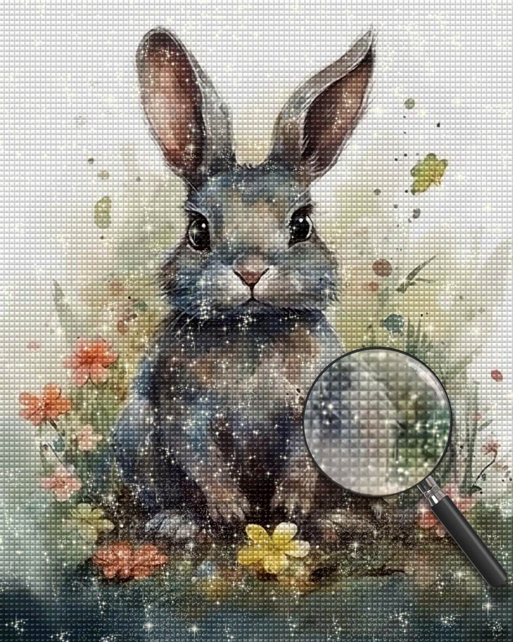 Gray Rabbit and Flowers Diamond Painting