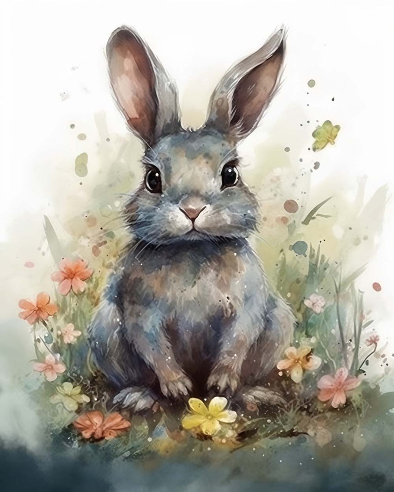 Gray Rabbit and Flowers Diamond Painting