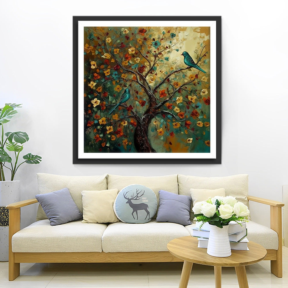 Green Bird on Flower Tree Diamond Painting