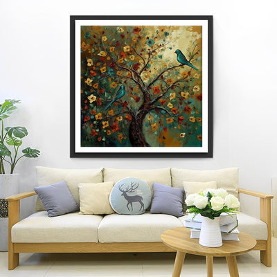Green Bird on Flower Tree Diamond Painting