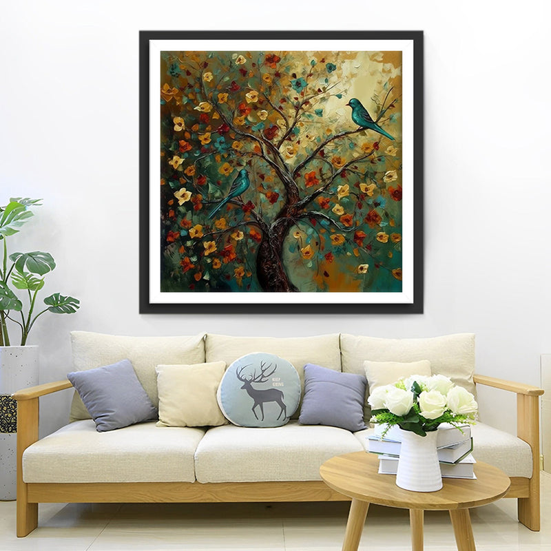 Green Bird on Flower Tree Diamond Painting