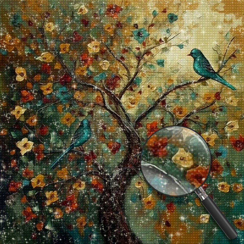 Green Bird on Flower Tree Diamond Painting