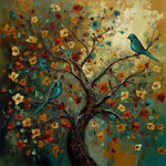 Green Bird on Flower Tree Diamond Painting