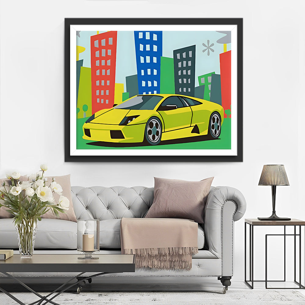 Green Cartoon Car and Buildings Diamond Painting