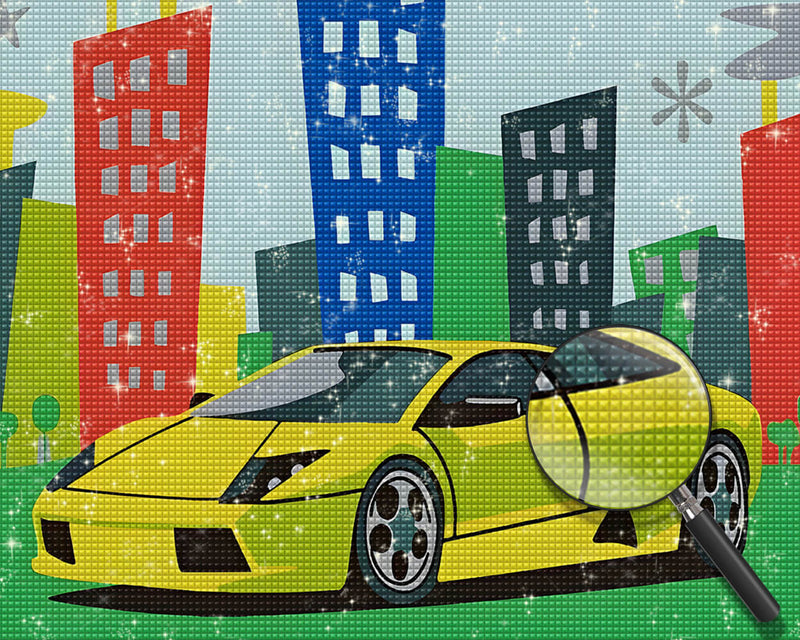 Green Cartoon Car and Buildings Diamond Painting
