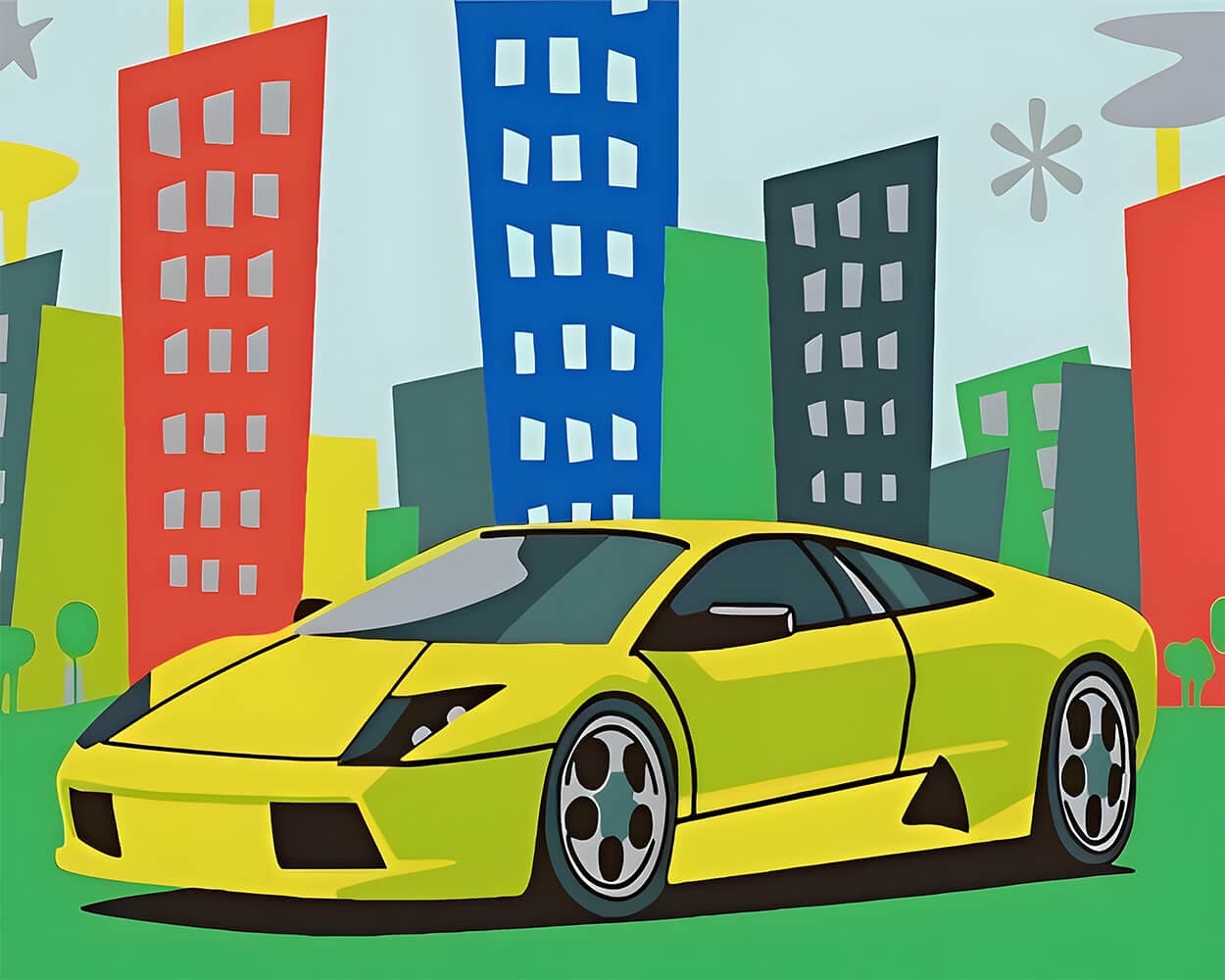 Green Cartoon Car and Buildings Diamond Painting