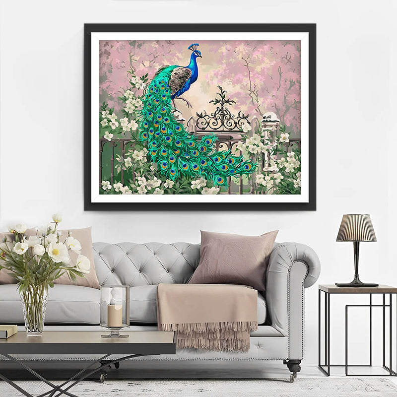 Green Peacock and White Flowers Diamond Painting