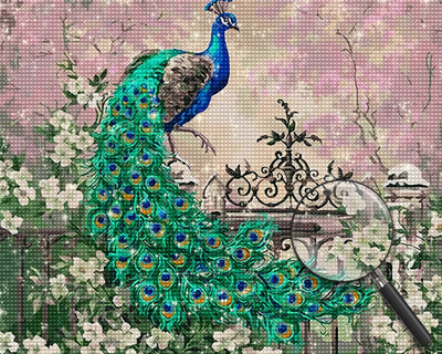 Green Peacock and White Flowers Diamond Painting