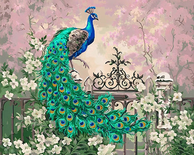 Green Peacock and White Flowers Diamond Painting