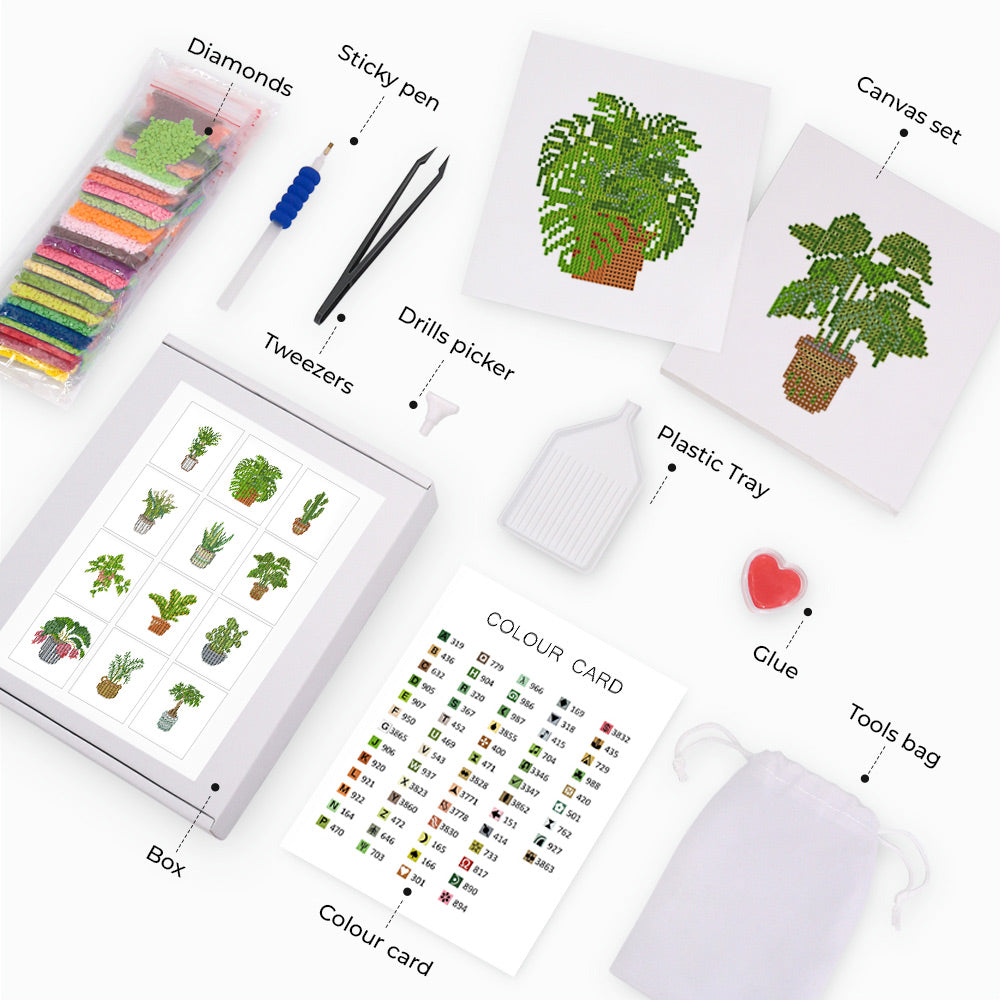 Green Potted Plants 12Pcs - Mini Diamond Painting Kit