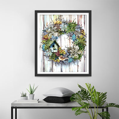 Green Wreath on a Wooden Board Diamond Painting