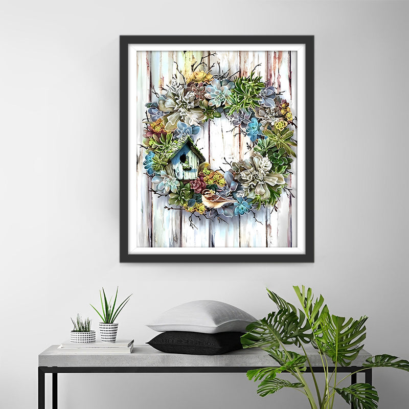 Green Wreath on a Wooden Board Diamond Painting