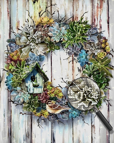 Green Wreath on a Wooden Board Diamond Painting