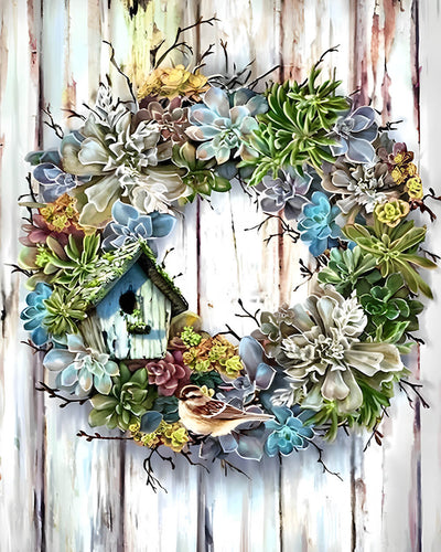 Green Wreath on a Wooden Board Diamond Painting