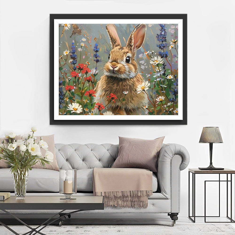 Grey Rabbit among Wild Flowers Diamond Painting