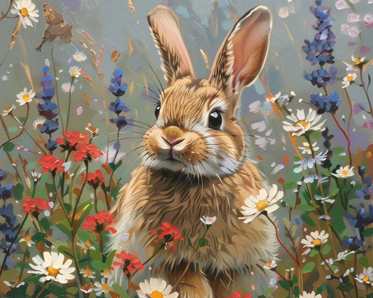 Grey Rabbit among Wild Flowers Diamond Painting