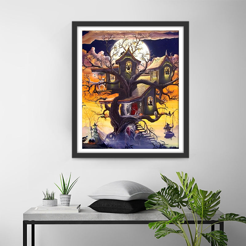 Halloween Treehouse and Witch on Swing Diamond Painting