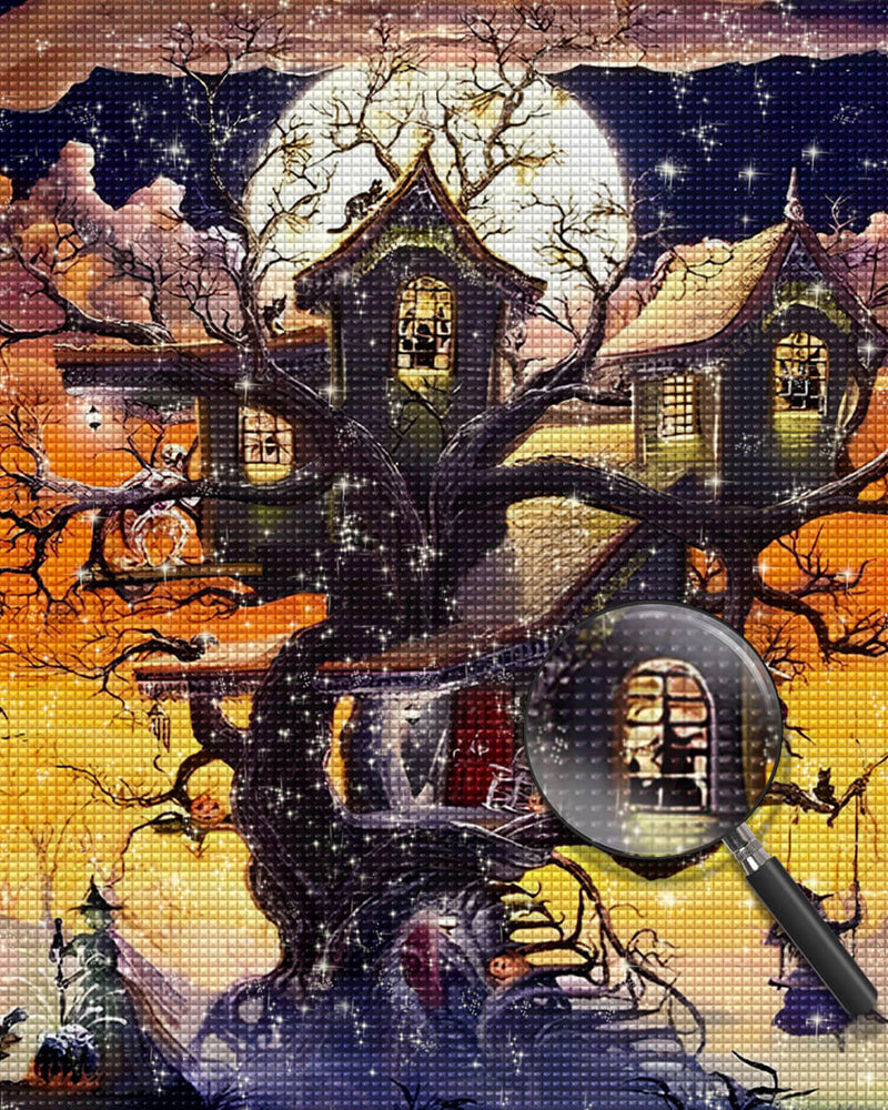 Halloween Treehouse and Witch on Swing Diamond Painting