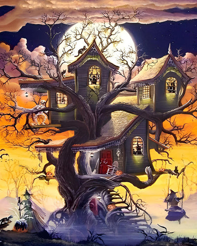 Halloween Treehouse and Witch on Swing Diamond Painting