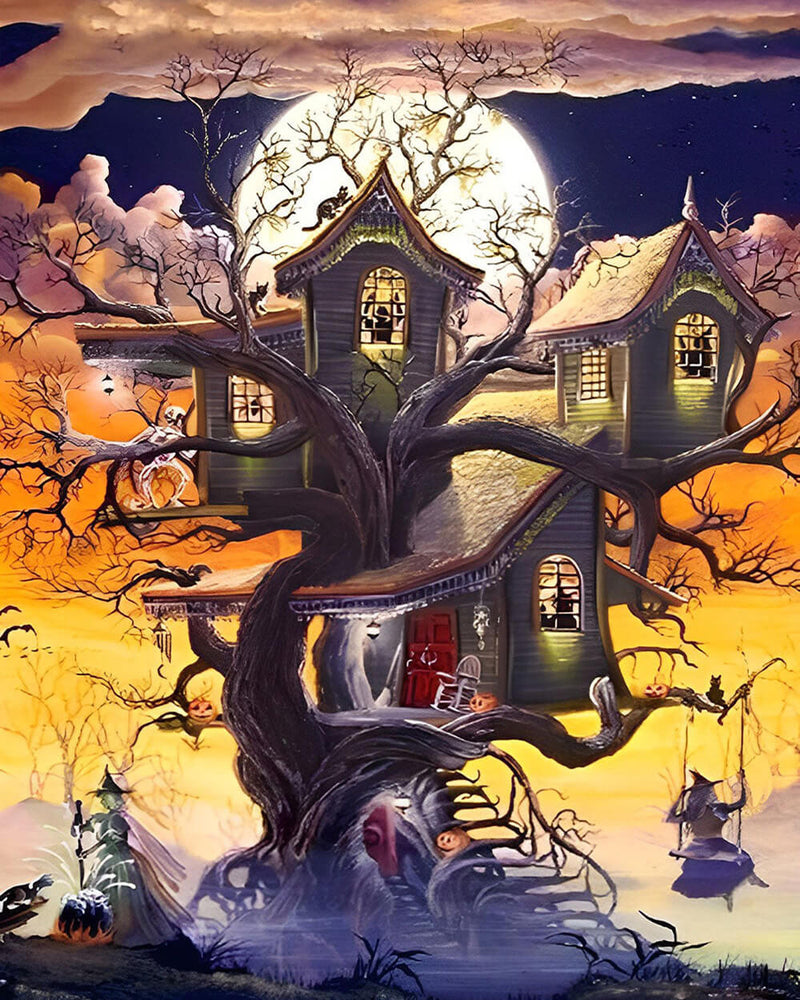 Halloween Treehouse and Witch on Swing Diamond Painting