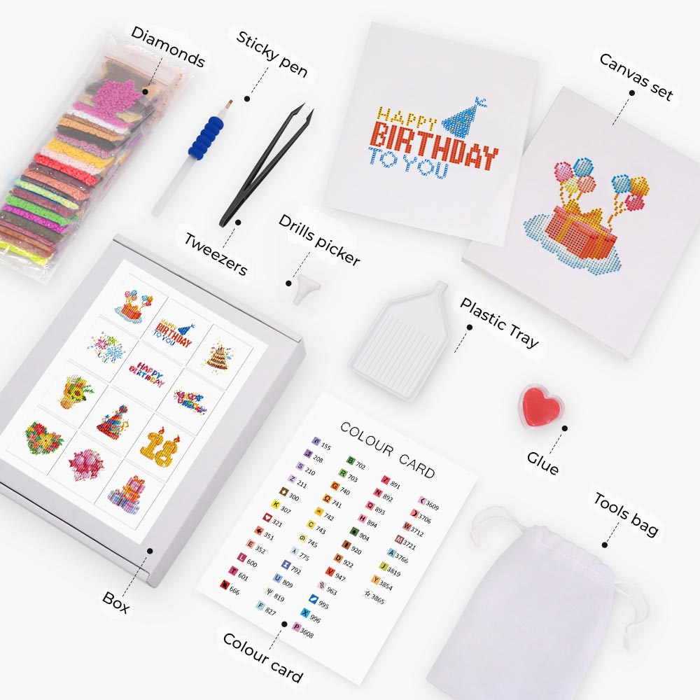 Happy Birthday 12Pcs - Mini Diamond Painting Kit
