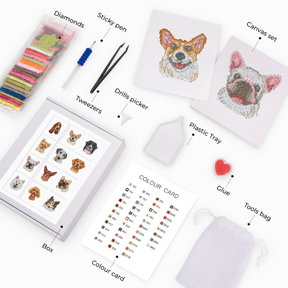 Happy Dogs 12Pcs - Mini Diamond Painting Kit
