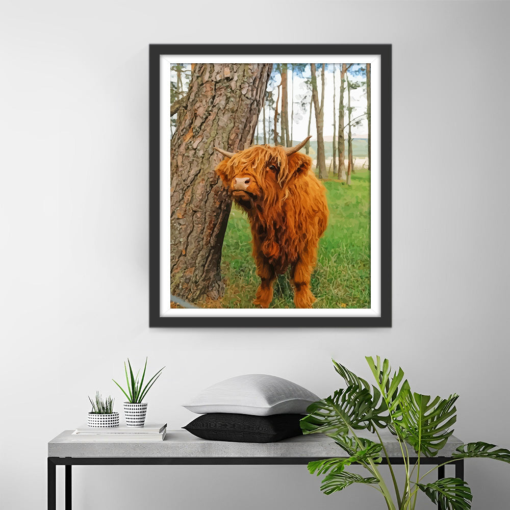 Highland Cattle and Thick Tree Trunk Diamond Painting