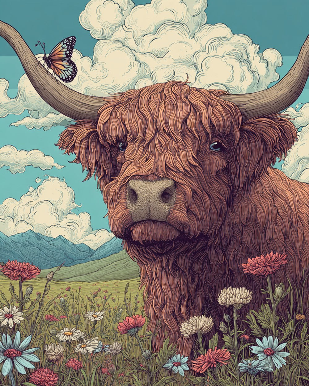 Highland Cattle on the Hillside Grassland Diamond Painting