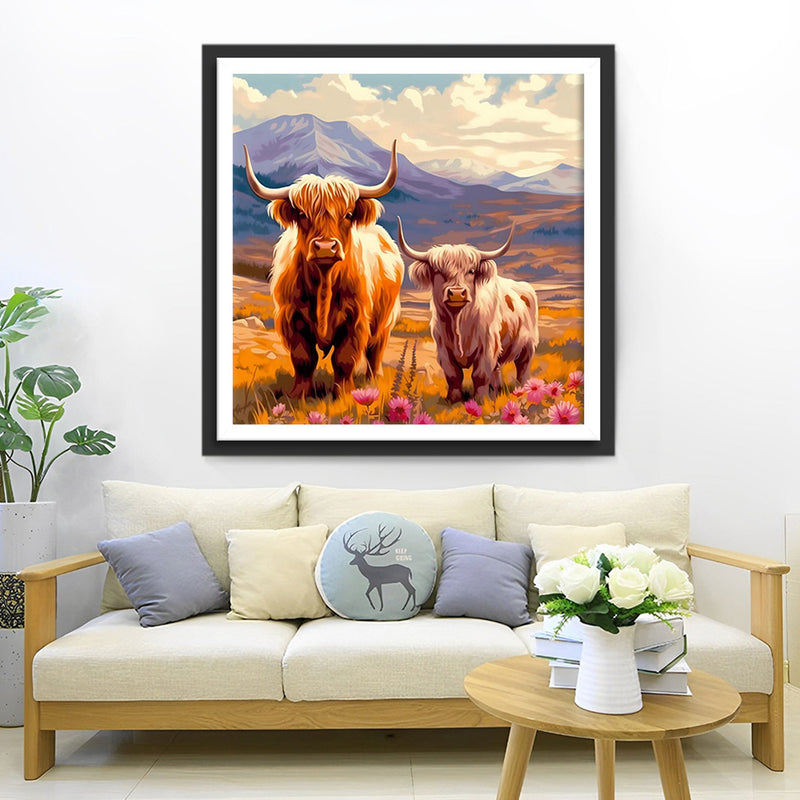 Highland Cattle on the Slope Diamond Painting