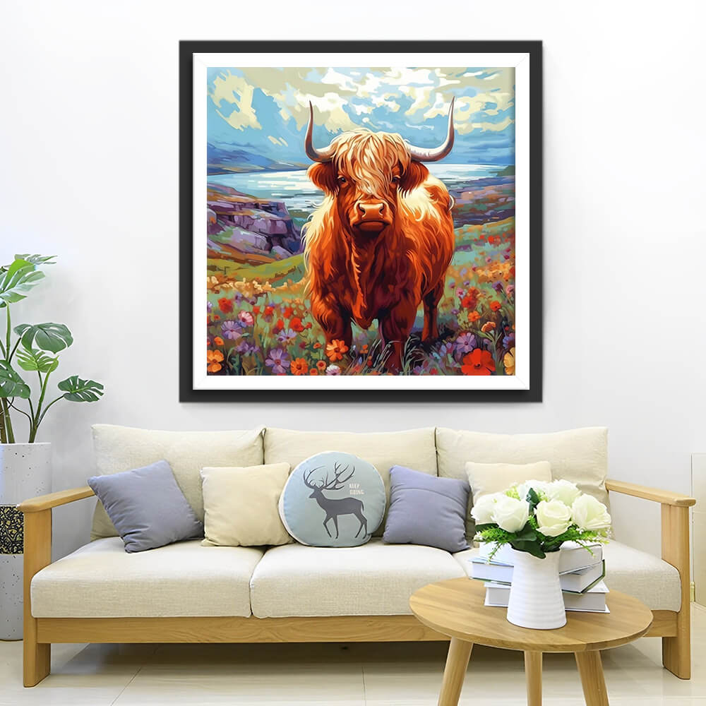 Highland Cow and Colorful Flowers Diamond Painting