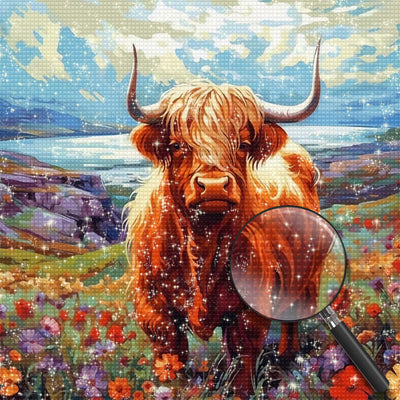 Highland Cow and Colorful Flowers Diamond Painting