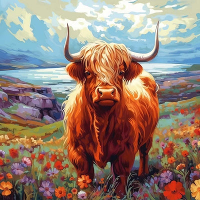 Highland Cow and Colorful Flowers Diamond Painting