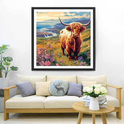 Highland Cow on the Grass Diamond Painting