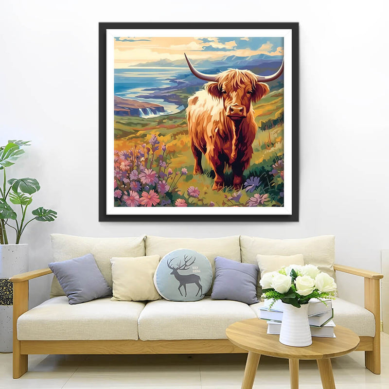 Highland Cow on the Grass Diamond Painting