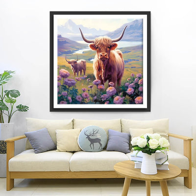 Highland Cows and Purple Flowers Diamond Painting