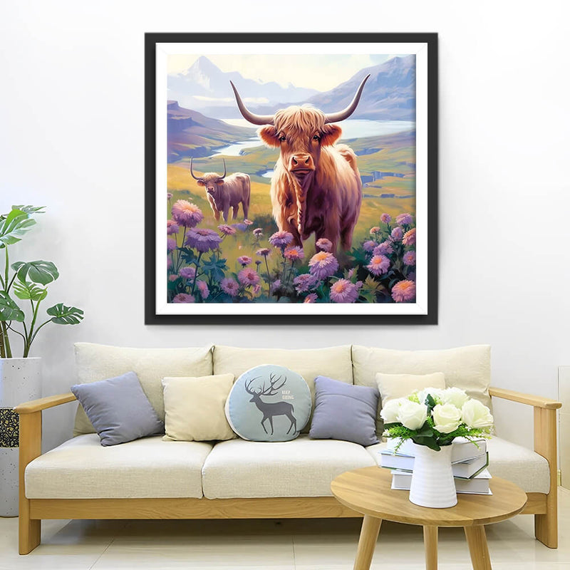 Highland Cows and Purple Flowers Diamond Painting