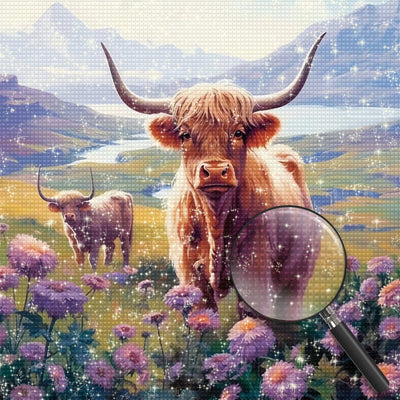 Highland Cows and Purple Flowers Diamond Painting