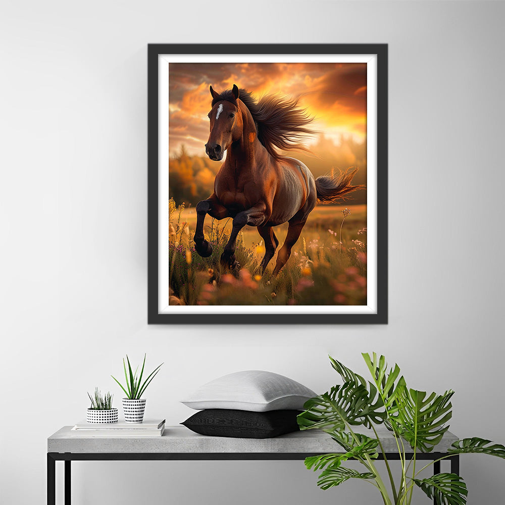 Horse Runs on Grass Diamond Painting