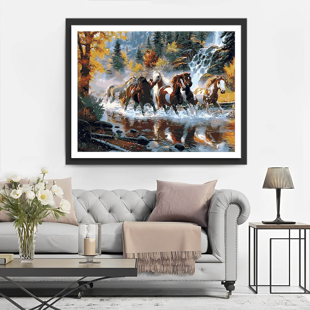 Horses Running in Forest River Diamond Painting