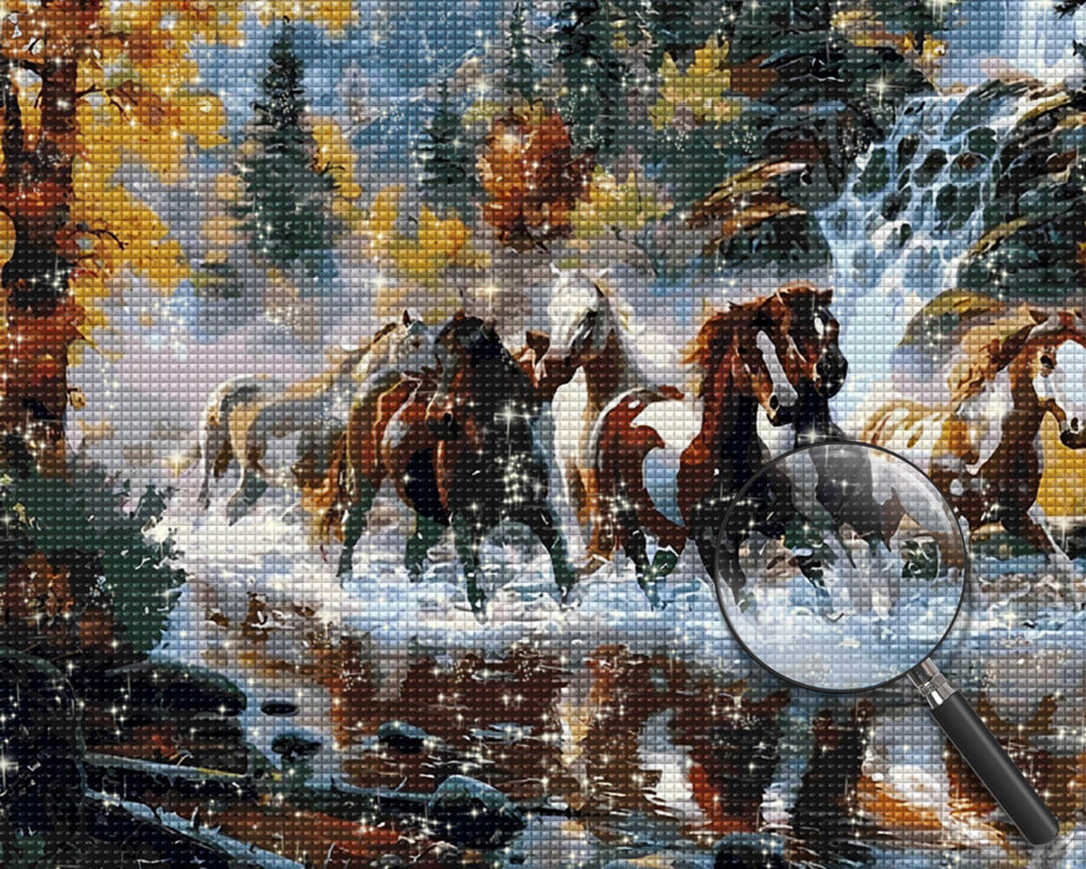 Horses Running in Forest River Diamond Painting