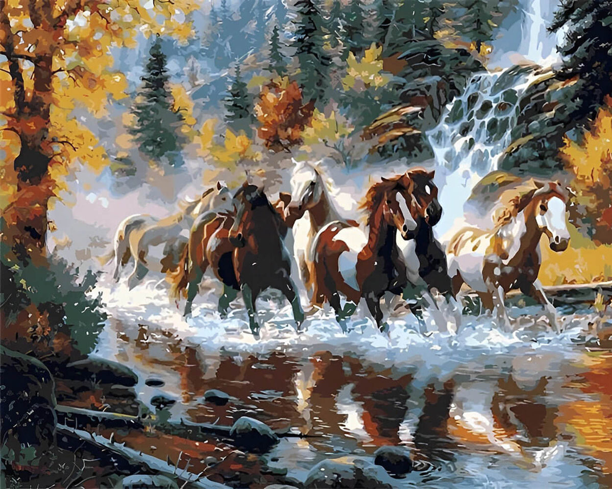 Horses Running in Forest River Diamond Painting