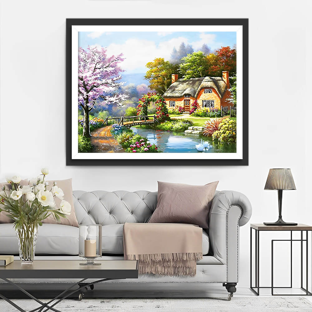 Hut, River and Bridge Diamond Painting