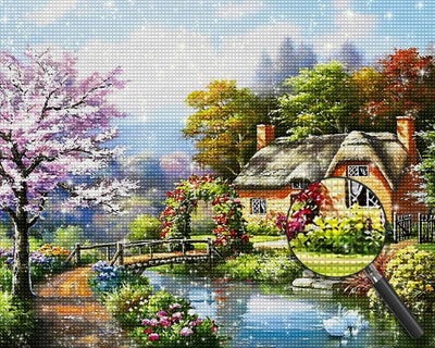 Hut, River and Bridge Diamond Painting