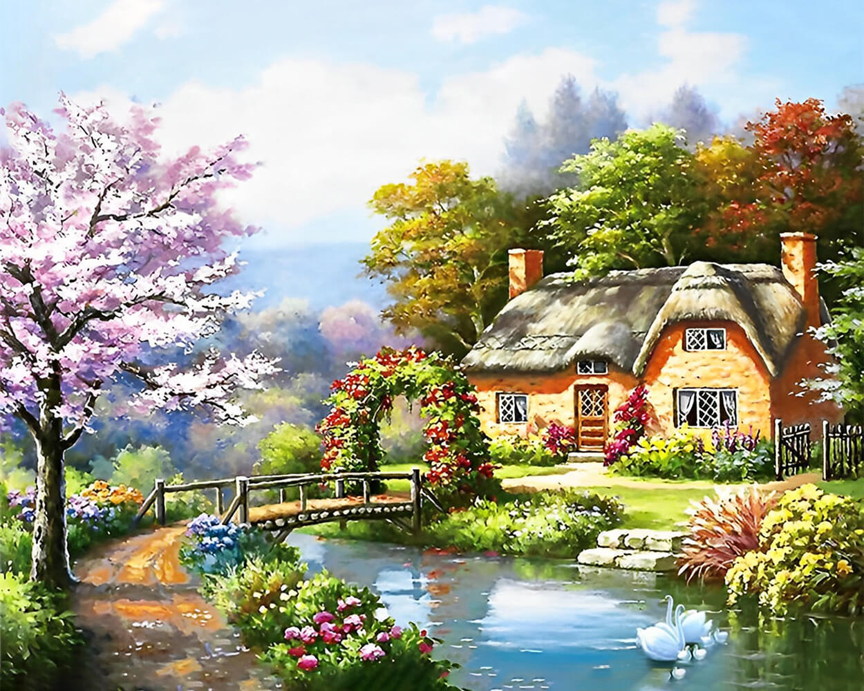 Hut, River and Bridge Diamond Painting