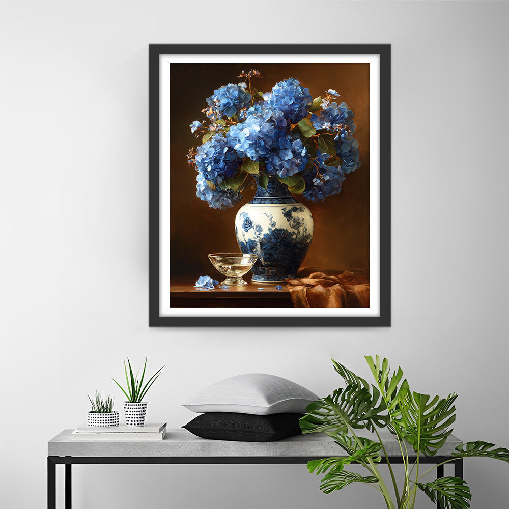Hydrangeas in a Blue and White Porcelain Vase Diamond Painting