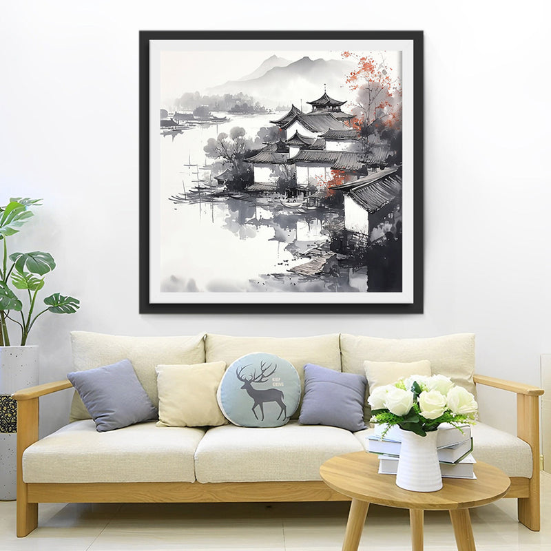 Ink Painting of Mountains and Houses Diamond Painting