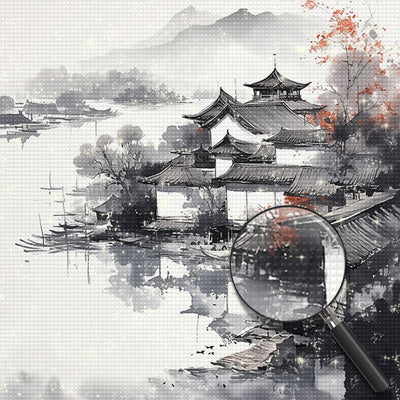 Ink Painting of Mountains and Houses Diamond Painting