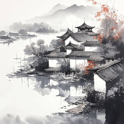 Ink Painting of Mountains and Houses Diamond Painting