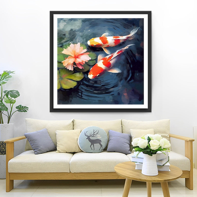 Koi and Pink Flower in the Pond Diamond Painting