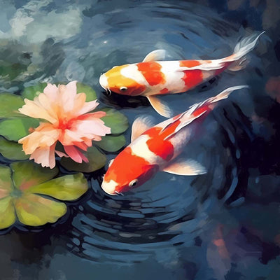 Koi and Pink Flower in the Pond Diamond Painting